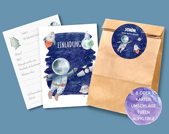 May include: A set of printable party supplies with a space theme. The set includes invitations, gift bags, and stickers featuring an astronaut in space. The text on the invitation reads "EINLADUNG" and the text on the sticker reads "SCHON. DASS DU DA WARST!" The text on the gift bag reads "6, 8 ODER 10 KARTEN UMSCHLÄGE TUTEN AUFKLEBER".