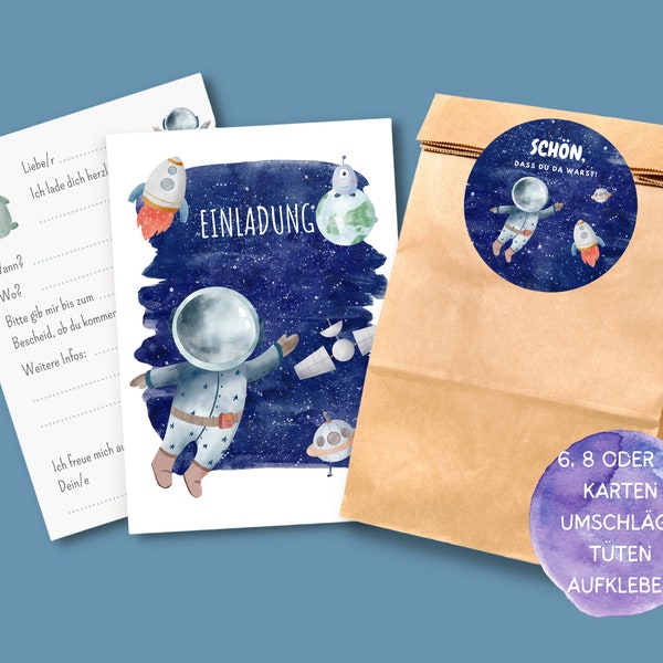 Astronaut Einladungskarten und Gastgeschenktüten Set für Weltall Kindergeburtstag oder Astronauten Geburtstag