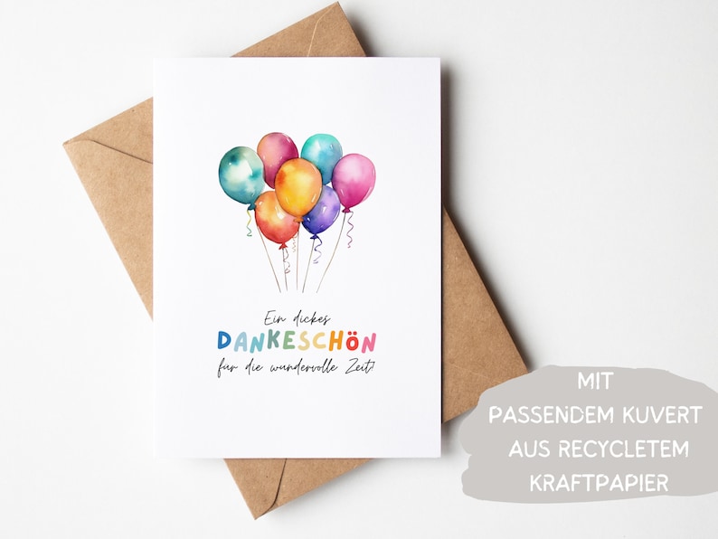 Kita Dankeskarte Erzieherin bunte Ballons A6, Geschenk Abschied Kindergarten Klappkarte, Tagesmutter Dankeschön Grußkarte Abschiedsgeschenk