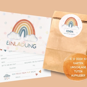 Regenbogen Einladungskarten und Gastgeschenktüten Set für Regenbogen Kindergeburtstag