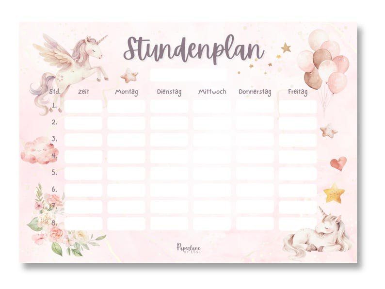 Digitaler Einhorn Stundenplan Mädchen Sofort Download PDF DIN A4 zum Ausdrucken Wochenplaner Kinder rosa Pferd Geschenkidee Einschulung