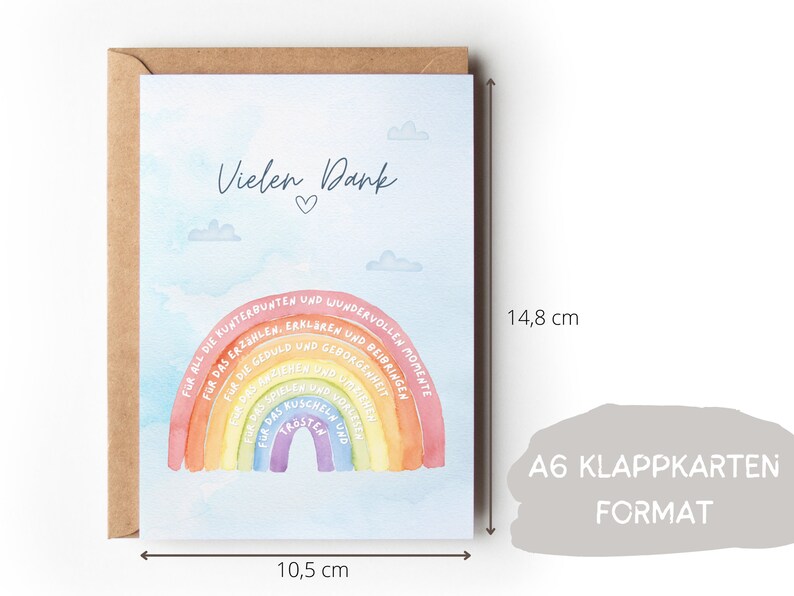 Op de afbeelding: Een bedankkaart met een regenboogontwerp en de tekst "Vielen Dank" in het midden. De regenboog is veelkleurig en omringd door wolken. De kaart is 10,5 cm bij 14,8 cm.