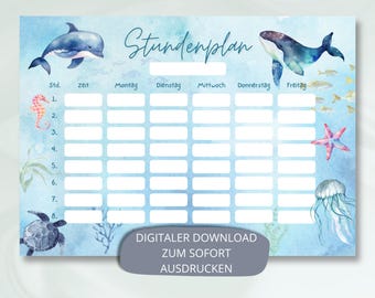 Digital timetable Underwater World, Instant Download PDF A4 to print Weekly plan School Marine animals Gift idea School enrollment