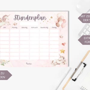 Digitaler Einhorn Stundenplan Mädchen Sofort Download PDF DIN A4 zum Ausdrucken Wochenplaner Kinder rosa Pferd Geschenkidee Einschulung