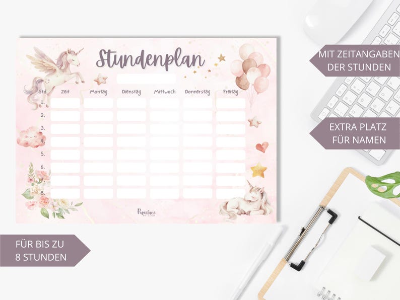 Digitaler Einhorn Stundenplan Mädchen Sofort Download PDF DIN A4 zum Ausdrucken Wochenplaner Kinder rosa Pferd Geschenkidee Einschulung