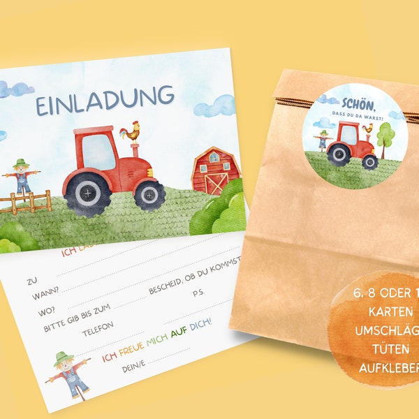 Traktor Einladungskarten und Gastgeschenktüten Set zum Ausfüllen für Bauernhof Kindergeburtstag oder Jungen Geburtstag Mottoparty Trecker