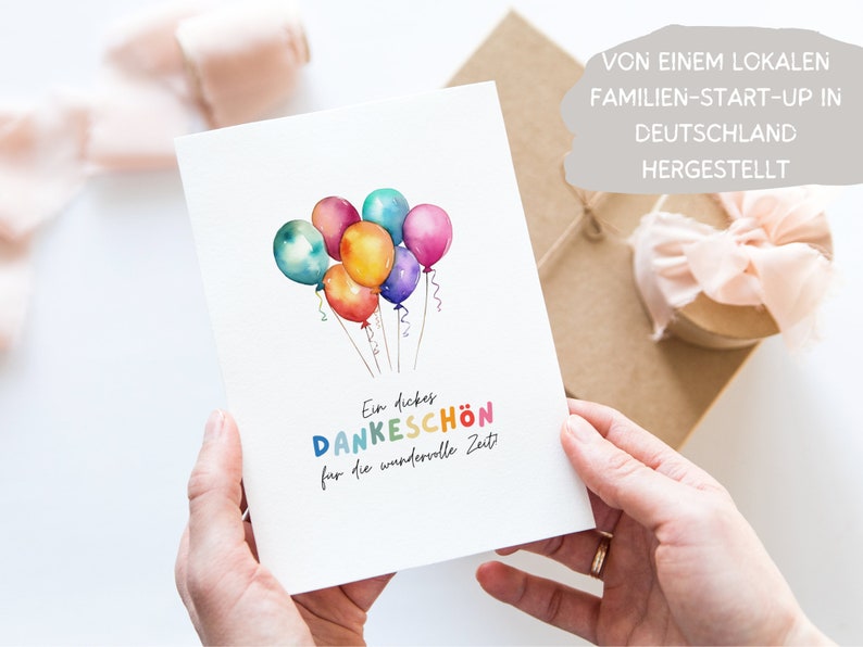 Kita Dankeskarte Erzieherin bunte Ballons A6, Geschenk Abschied Kindergarten Klappkarte, Tagesmutter Dankeschön Grußkarte Abschiedsgeschenk