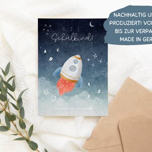 Rakete Einladungskarte Einschulung Junge, Weltraum Einladung Set zum Ausfüllen, Astro Countdown Einschulungseinladung Schulanfang Schulkind