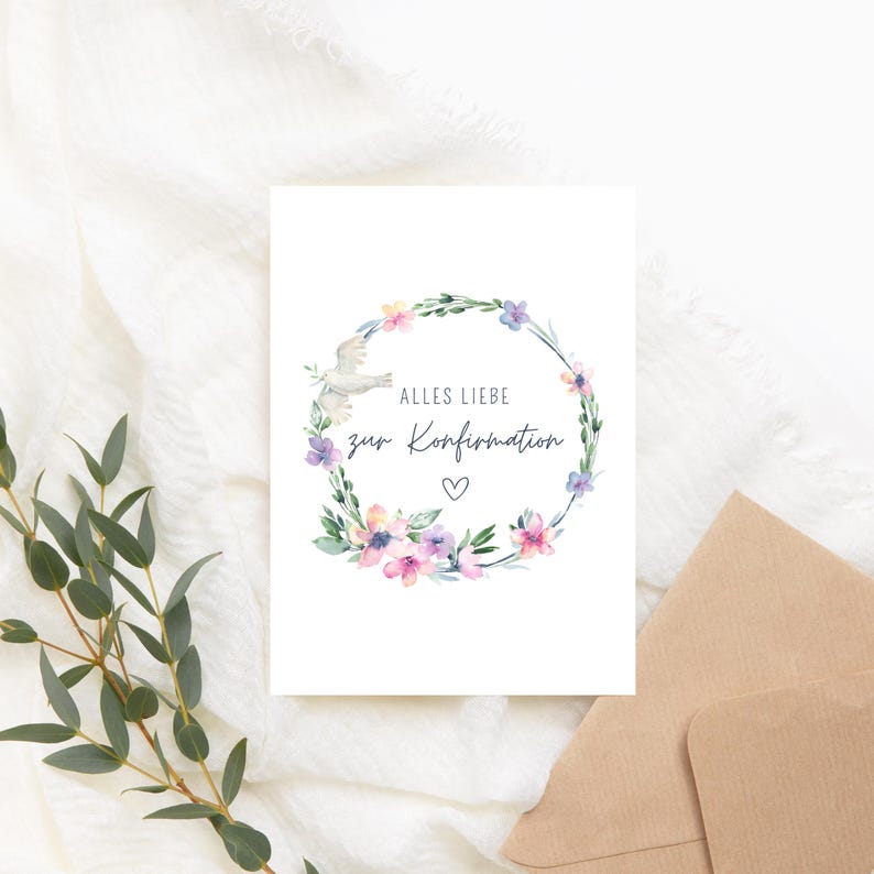 Konfirmationskarte Mädchen floral, Glückwunschkarte zur Konfirmation mit Blumen, Geschenk Konfirmation Friedenstaube, Aquarell Grußkarte