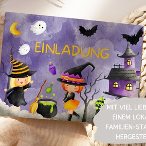May include: Purple and black Halloween invitation with a witch and a cauldron. The text reads "Einladung" and "Mit viel Liebe von einem lokalen Familien-Start-up hergestellt".