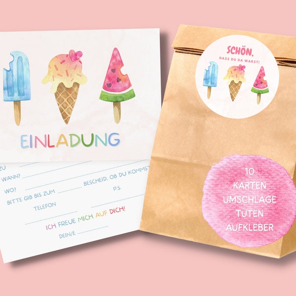 Eis Einladungskarten und Gastgeschenktüten Set für Eis Kindergeburtstag