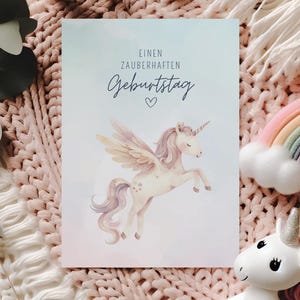 Einhorn Geburtstagskarte Mädchen Kinder, zauberhafte Glückwunschkarte A6 Pferd Motiv Aquarell, Süße rosa Klappkarte Kindergeburtstag Kita