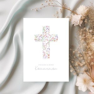 Einladung Kommunion Mädchen floral, Erstkommunion Einladungskarte Blumen Kreuz, Boho Kommunionseinladung Blumen,  Einladung zur Kommunion