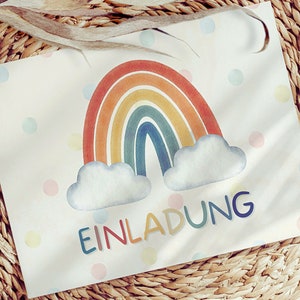 Regenbogen Einladungskarte Kindergeburtstag Mädchen oder Einladung für Taufe Kommunion, Konfirmation oder Jugendweihe zum Ausfüllen Umschlag