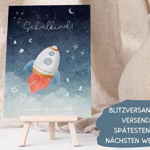 Rakete Einladungskarte Einschulung Junge, Weltraum Einladung Set zum Ausfüllen, Astro Countdown Einschulungseinladung Schulanfang Schulkind