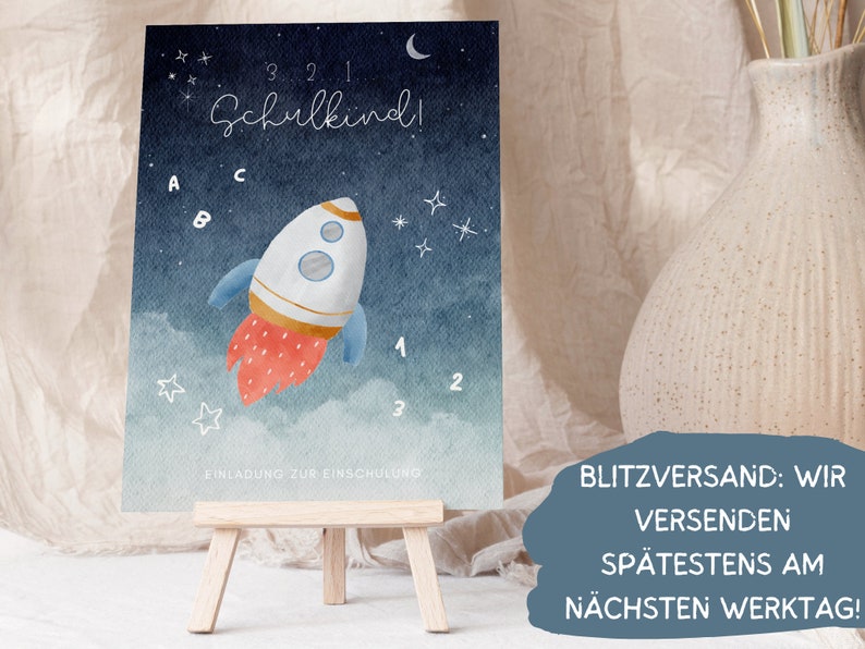 Rakete Einladungskarte Einschulung Junge, Weltraum Einladung Set zum Ausfüllen, Astro Countdown Einschulungseinladung Schulanfang Schulkind