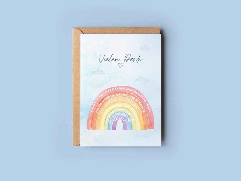 Op de afbeelding: Een aquarel regenboogkaart met de tekst "Vielen Dank" en een hartje. De regenboog heeft woorden op elke kleurband geschreven, waaronder "Voor al het lachen" en "Voor het geduld".
