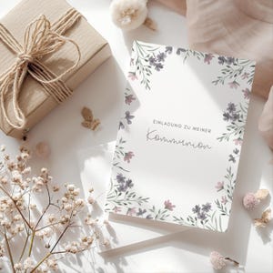 Einladung Kommunion Mädchen floral, Erstkommunion Einladungskarte Blumen, Boho Kommunionseinladung Blumen, florale Einladung zur Kommunion