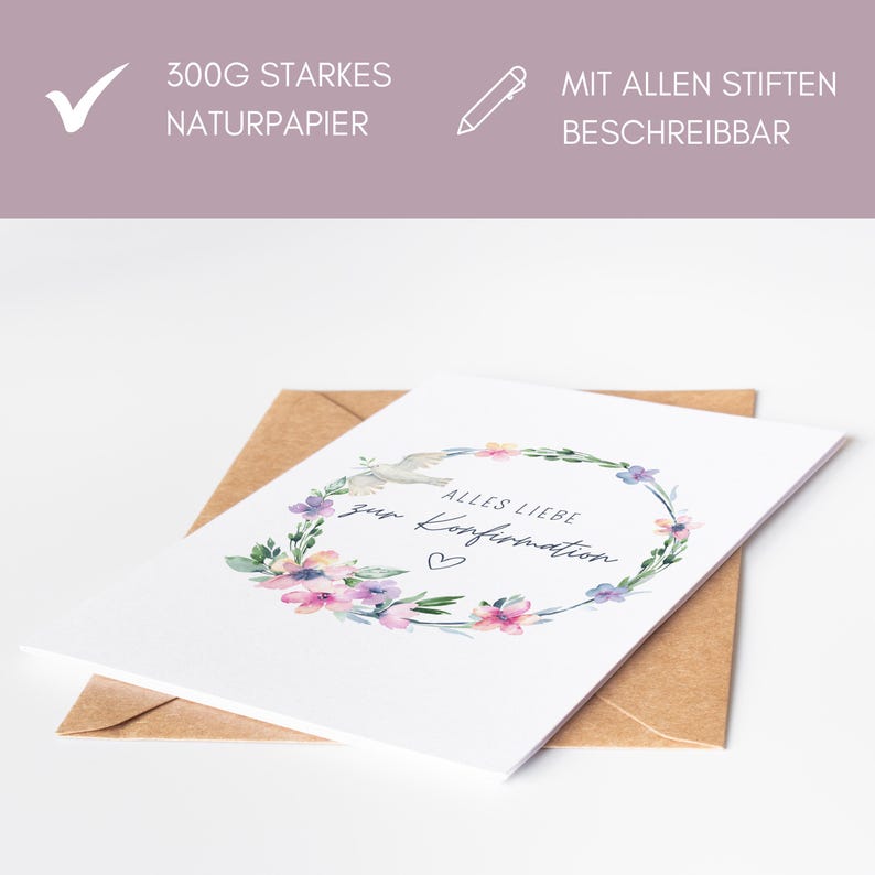 Konfirmationskarte Mädchen floral, Glückwunschkarte zur Konfirmation mit Blumen, Geschenk Konfirmation Friedenstaube, Aquarell Grußkarte