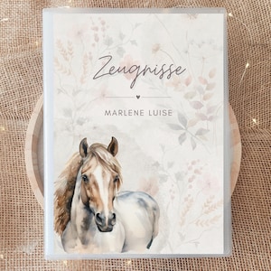Personalisierte Pferde Zeugnismappe mit Name, Pferdefans Geschenk Einschulung Mädchen, A4 Dokumentenmappe Urkunden & Zeugnisse Schulmappe