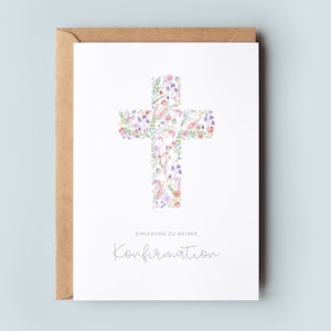 Einladung Konfirmation Mädchen, Konfirmation Einladungskarte Blumen, Konfirmation Einladung floral, Moderne Konfirmationseinladung Kreuz