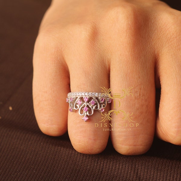14K White Gold  Over  Royal Princess Crown Engagement Ring, Tiara Multi Color Diamond Crown Ring, Princess Crown Stacking Ring for Women