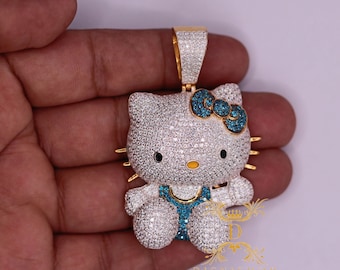 Hand Made Character, Cartoon Charm Tiny Kitty Cat Hip Hop Pendant Silver CZ Diamonds Pendant