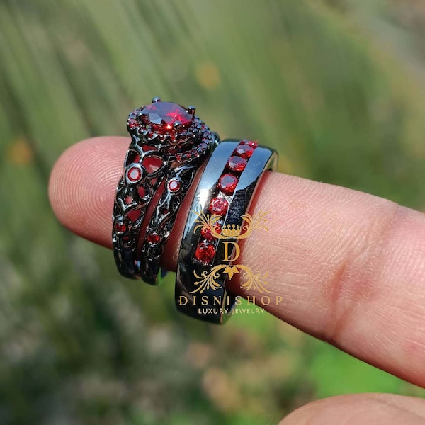 14K Black Gold Plated His and Her Trio & Red Garnet Ring set