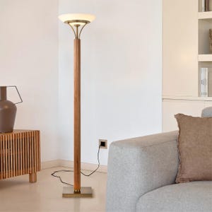 Tambo Torchiere Floor Lamp - Natural Ash Wood Finish, Weathered Brass, Dimmer