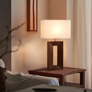Julie Standing Table Lamp - Dark Walnut Wood Finish, Weathered Brass, White Linen Shade