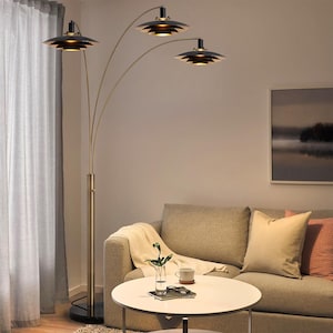 Rancho Mirage Arc Floor Lamp – Weathered Brass, Gold Leaf Shades, Marble Base, Dimmer