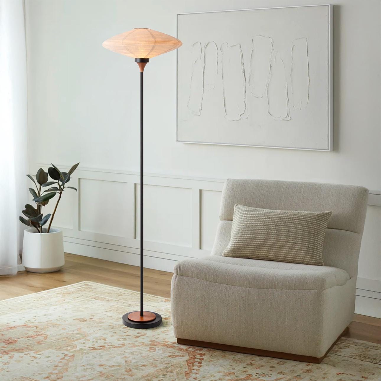 Mid-century Modern Roswell Torchiere Floor Lamp: Walnut, Washi
