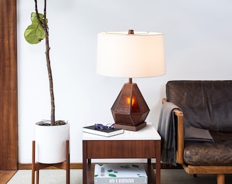 Mid Century Modern Table Lamp – Mica Shade, Walnut Accent, Dual Lighting