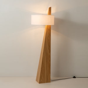 Obelisk Floor Lamp - Natural Ash Wood Finish, White Cotton-Linen Shade