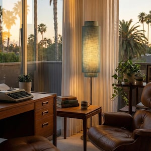 May include: A mid-century modern floor lamp with a teal fabric shade stands in a room with a view of palm trees. The lamp is next to a small wooden side table with books and a mug. A leather armchair is in the foreground.