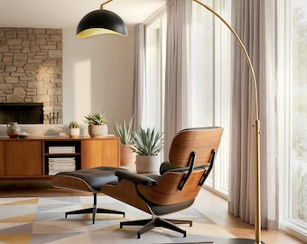 Mid Century Modern Luna Bella Arc Floor Lamp – Weathered Brass, Marble Base, Gold Leaf Shade