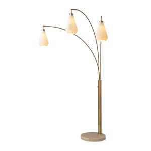 Concord Bone Porcelain Shade 3 Light Arc Floor Lamp - 85&quot;, Weathered Brass & Walnut, Dimmer Switch