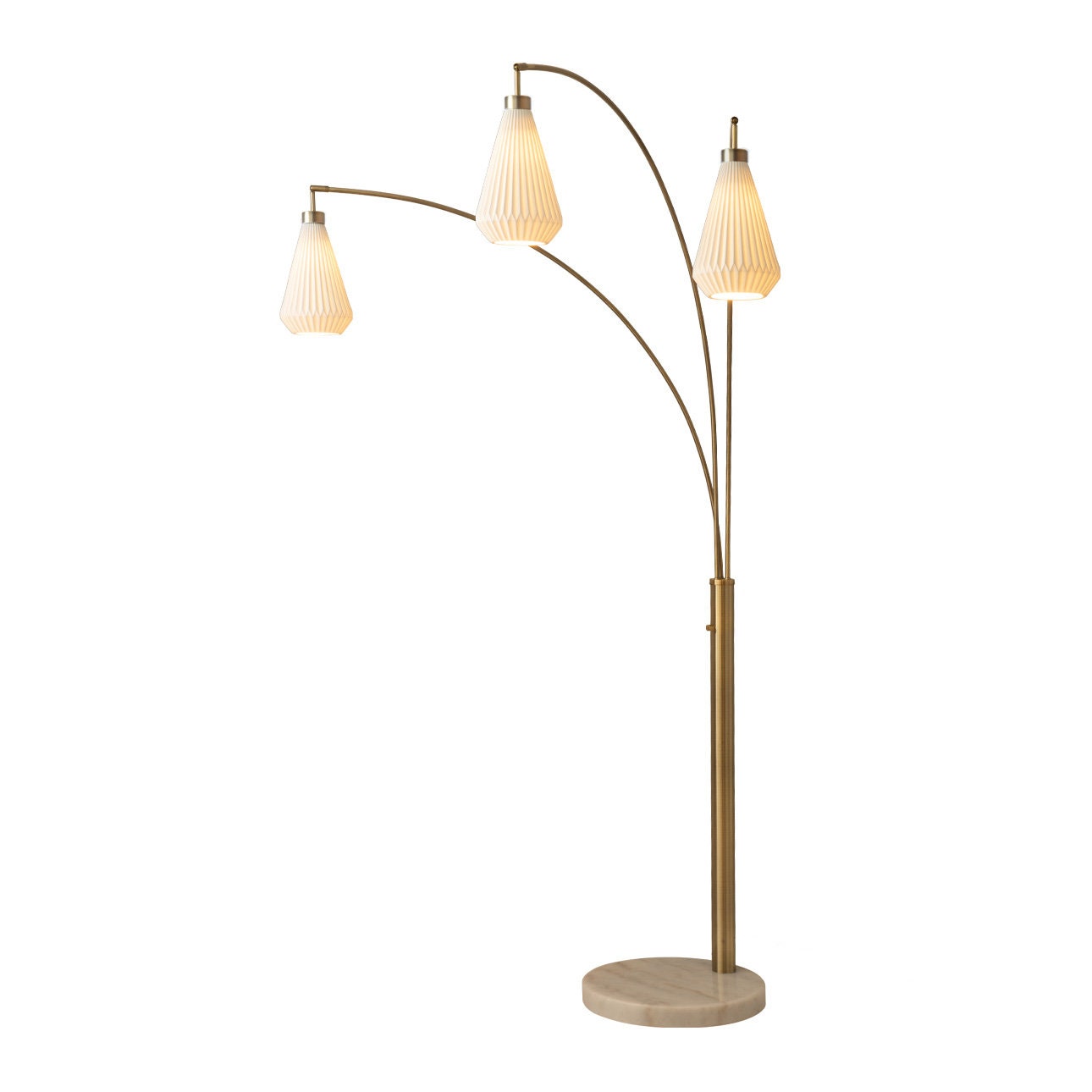 Concord Bone Porcelain Shade 3 Light Arc Floor Lamp - 85", Weathered Brass & Walnut, Dimmer Switch