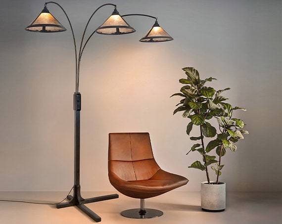 Natural Mica 3 Light Arc Floor Lamp 86 Charcoal Gray Wood