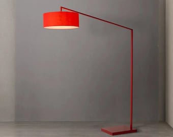 Stretch Arc Floor Lamp - 87&quot;, Red Finish, Step Switch, Rectangular marble base
