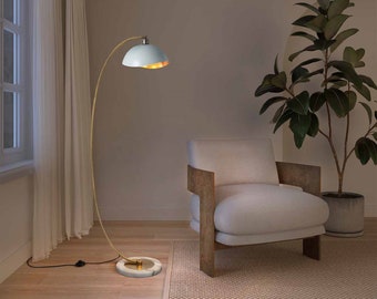 Luna Bella Chairside Arc Floor Lamp - 60", Weathered Brass & Matte White/Gold-Leaf Shade, Dimmer Switch, Marble Base