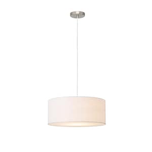 May include: A white, cylindrical pendant light fixture with a brushed metal ceiling mount. The light has a fabric shade and a single bulb. The fixture hangs from a thin white cord, suitable for a dining room or kitchen.