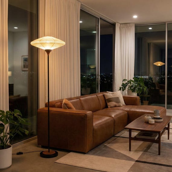 Mid-century Modern Roswell Torchiere Floor Lamp: Walnut, Washi