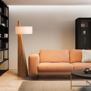 May include: A modern living room featuring a light brown sofa, a wooden floor lamp with a white lampshade, and a black bookshelf. The sofa is a light orange color, and a black coffee table is in front of it.