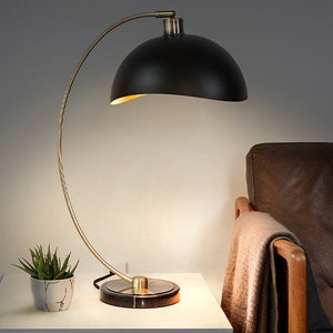 Luna Bella Table Lamp - 27", Weathered Brass & Matte Black/Gold-Leaf Shade, Dimmer Switch, Marble Base