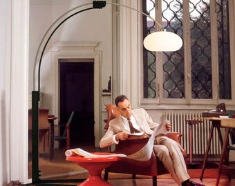 1961 Morelli Arc Floor Lamp - Mid Century Modern Satin Nickel & Black, Dimmer Switch, V-base