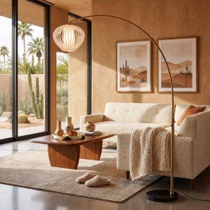 May include: A tall, arched floor lamp with a thin, metallic gold-toned stand and a round, white, cage-style shade. The lamp features a circular black base and provides overhead lighting, positioned next to a cream-colored sofa and a wooden coffee table.