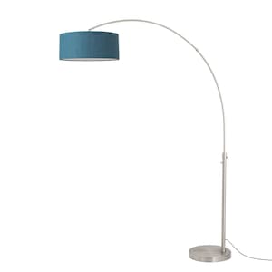 Mid Century Modern Arc Floor Lamp – Pool Blue Linen Drum Shade, Satin Nickel Steel, Dimmable