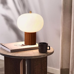 Tambo Accent Table Lamp – Dark Walnut Tambour, Weathered Brass, Opal Glass Shade