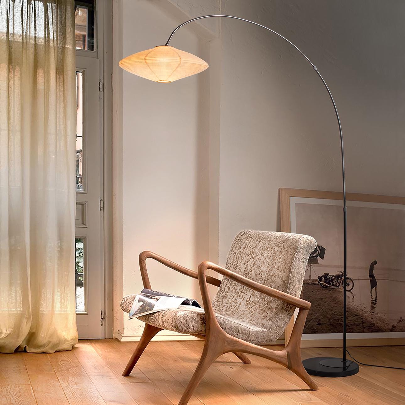 Roswell 1 Light Arc Floor Lamp - Matte Black Finish, Handcrafted Shinpuru-sa Linen-Cotton Shade, Black Marble Base, Dimmer